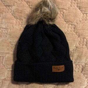 Britt's Knits Black Cable Knit Beanie with Faux Fur Pom